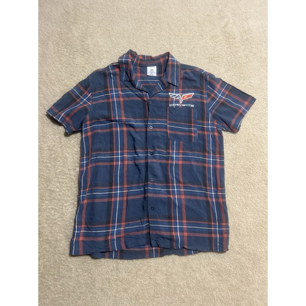 General Motors Official Corvette Shirt Mens Large Blue Plaid Button‎ Up Casual